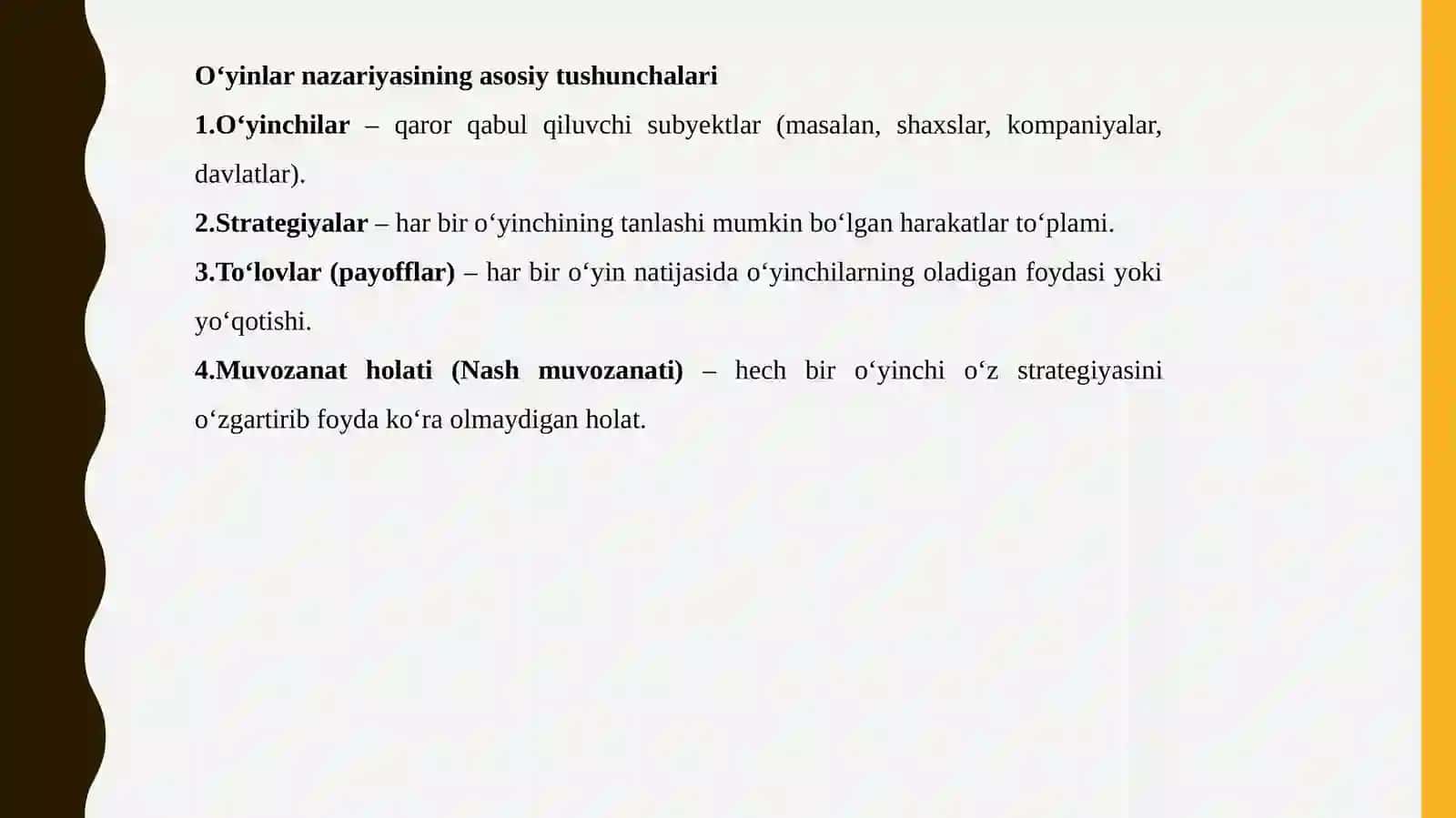 O‘YINLAR NAZARIYASI VA O‘ZARO HAMKORLIKLARNI MODELLASHTIRISH 4