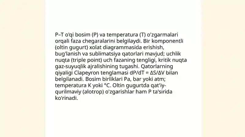 Bir komponentli sistemalar (oltin gugurt ) uchun xolat diagrammasi 4