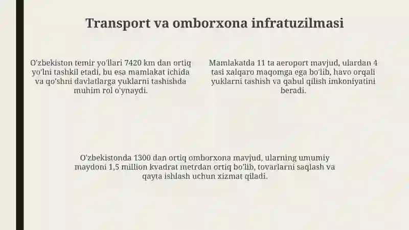 O'zbekistonda logistika xizmatlarining umumiy tavsifi va bozor tahlili 4