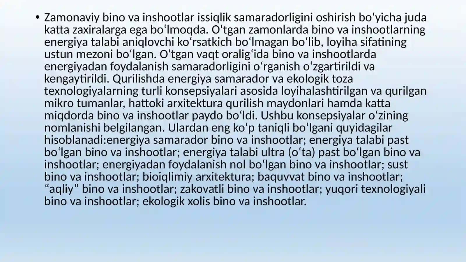 Bino va inshoatlarda energiya talabi va issiqlik ta'minotini saqlash 4
