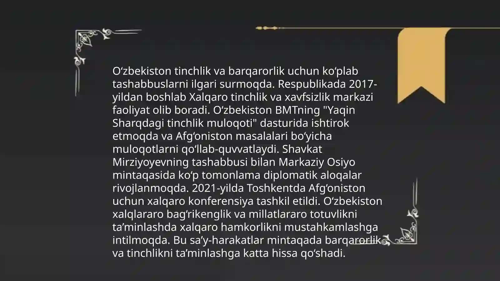 O'zbekistonning Markaziy Osiyoda tinchlik va barqarorlikni ta'minlashdagi o'rni 4