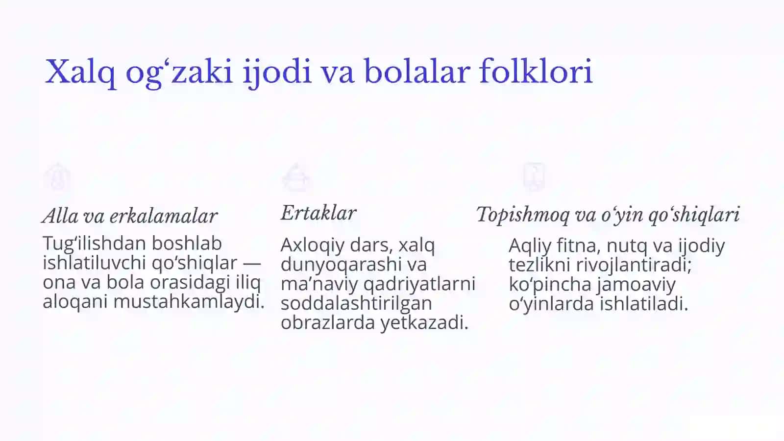 Bolalar adabiyoti va xalq og‘zaki ijodi va uning o’ziga xos xususiyatlari. Qadimgi davr folklori 4