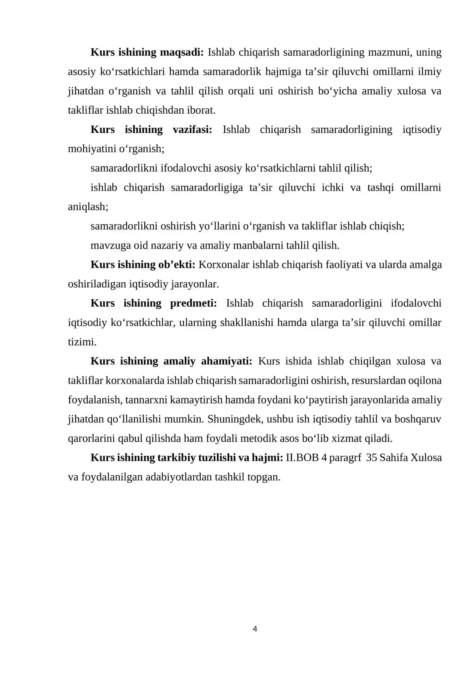 ISHLAB CHIQARISH SAMARADORLIGINING MAZMUNI, KO‘RSATKICHLARI VA UNING HAJMIGA TA’SIR QILUVCHI OMILLAR. 4
