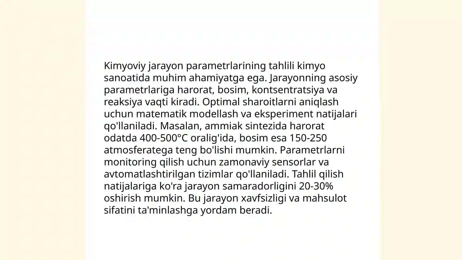 Kimyoviy texnalogik jarayonlarni modellashtirishda porametrlar muhim hisoblanadi 4