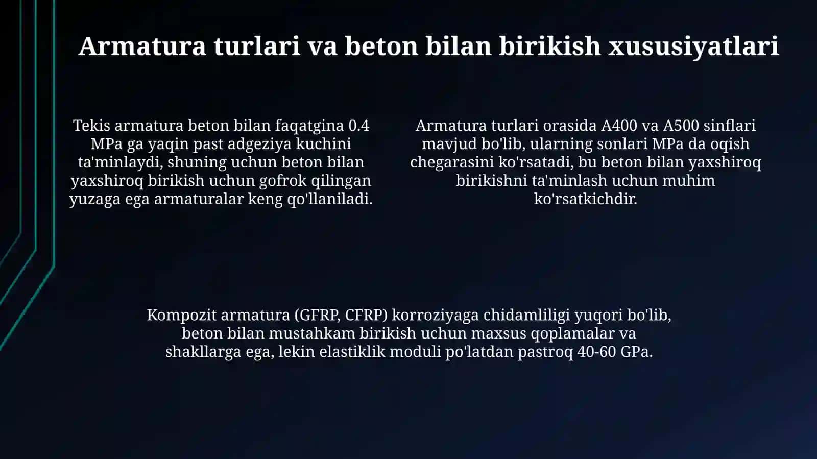 Po‘lat armaturalarning mexanik xossalarivaqo‘llanilishi 4