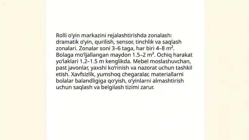 Erkin o'yin markazlarini tashkil qilish:rolli o‘yinlar va qurilish burchaklari 4