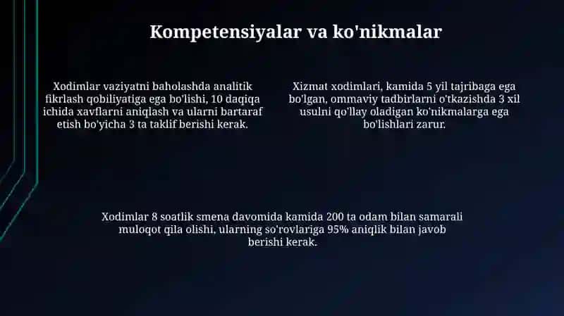 Ommaviy tabirlarni o'tkazishda xizmat kursatuvchi personal malakasi 4