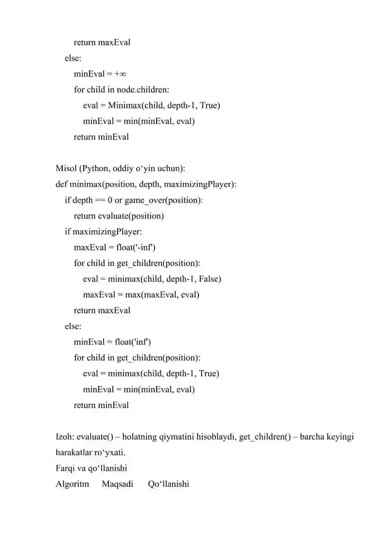 SUN'IY INTELLEKT UCHUN ASOSIY ALGORITMLARNI (BACKTRACKING, MINIMAX DASTURLASH 4
