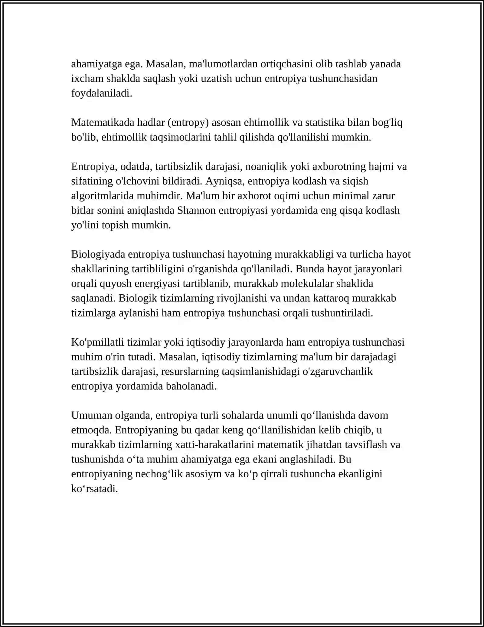 ENTROPIYA.YAKKALANGAN MUVOZANATSIZ HOLATIDAGI TIZIM ENTROPIYASINI MAKRO HOLATINING STATISTIK VAZNI ORQALI ANIQLASH. ENTROPIYANING OʻSISH PRINSIPI 4