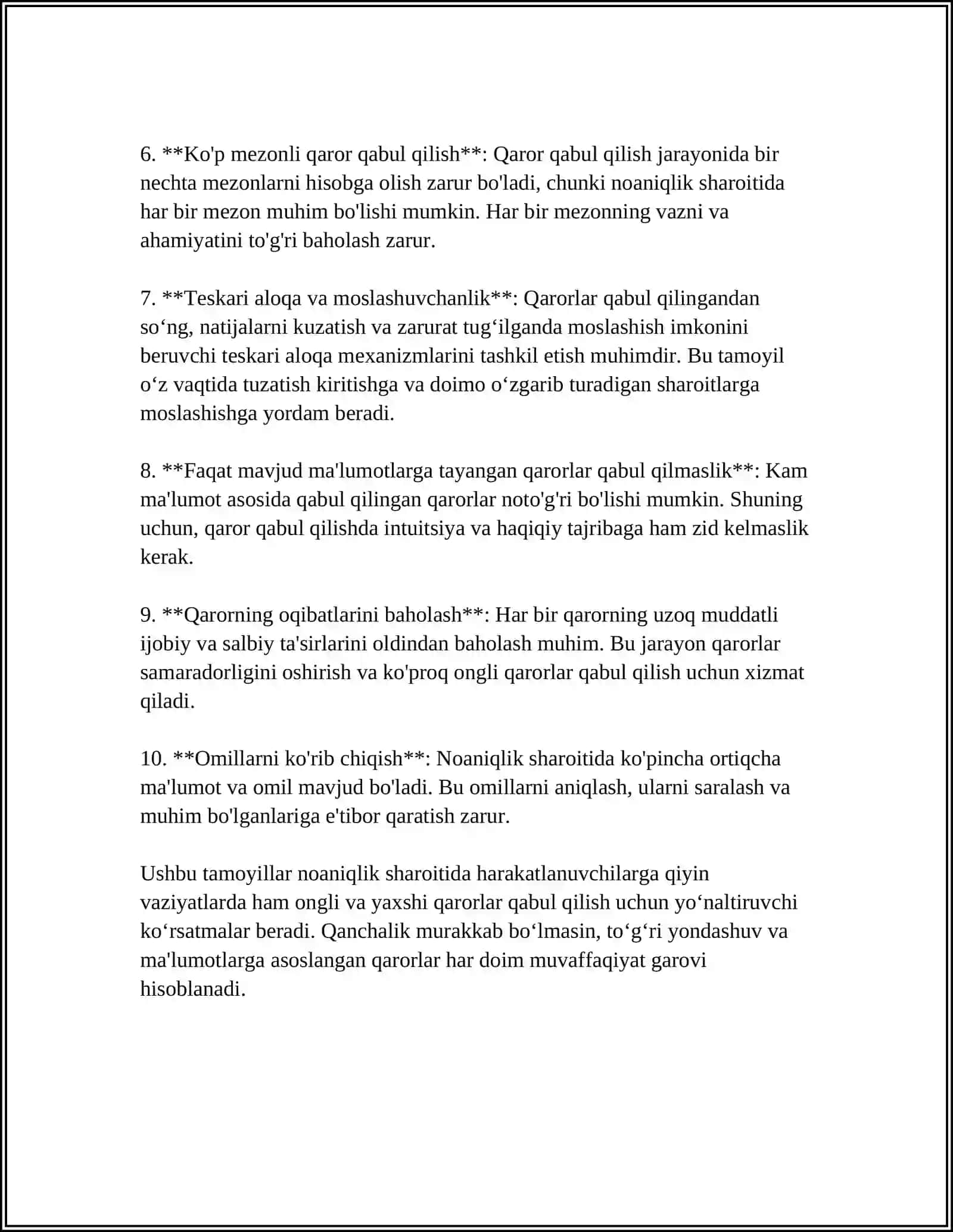 NOANIQLIK SHAROITIDA QARORLAR QABUL QILISH 4