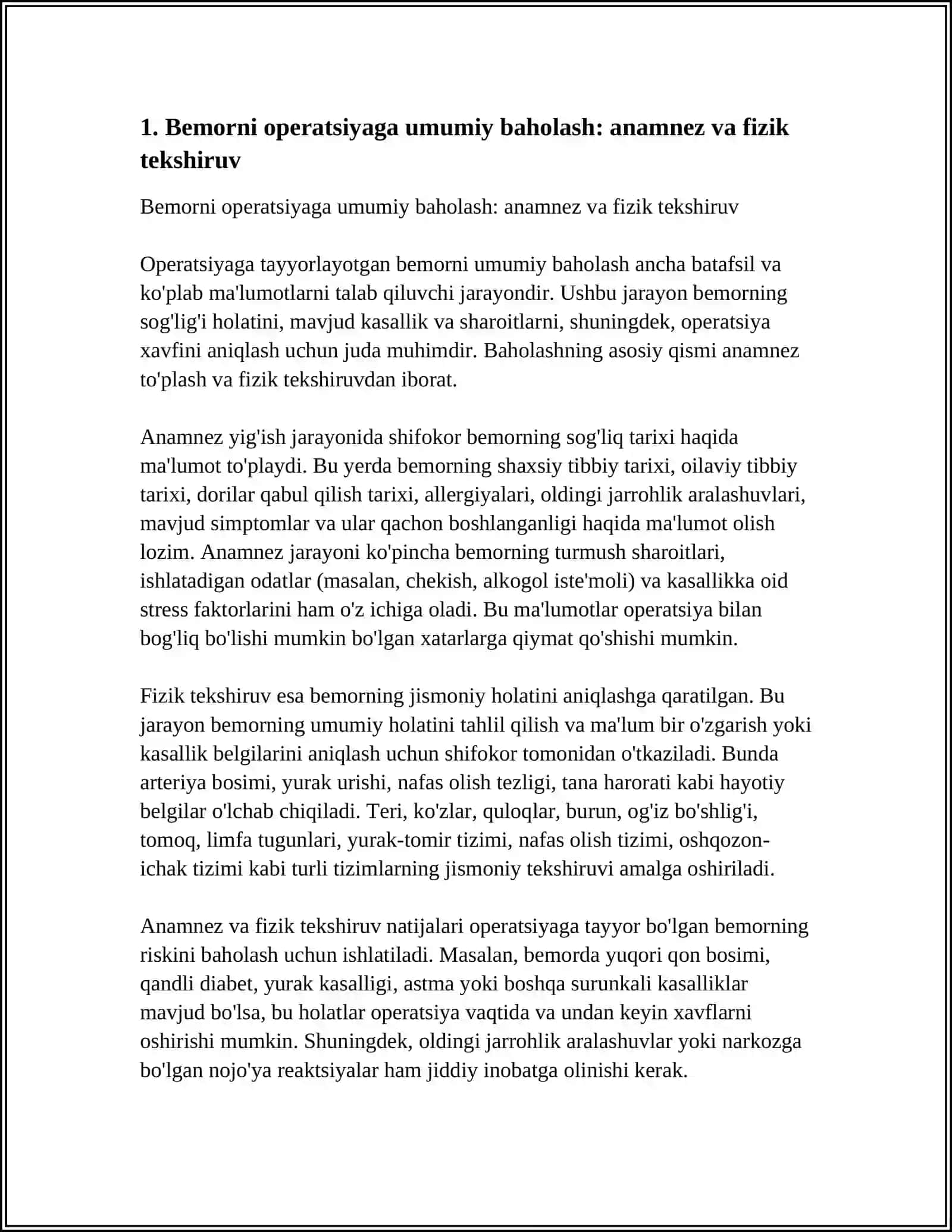 BEMORLARNI XIRURGIK OPERATSIYAGA TAYYORLASH. OPERATSIYAGA KOʻRSATMA VA QARSHI KOʻRSATMALAR HAQIDA TUSHUNCHA VA TURLARI 4
