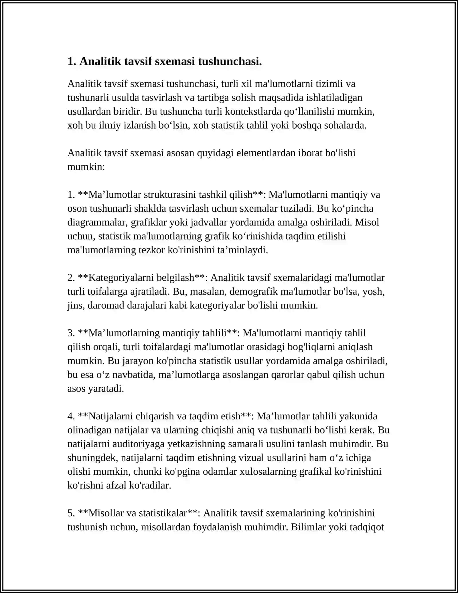 ANALITIK TAVSIF SXEMASI VA UNGA QO'YILADIGAN TALAB VA QOIDALARNI TAXLIL QIL VA JURNAL,GAZETA,TO'PLAMLAR MISOLIDA TAVSIF TUZIB BER 4