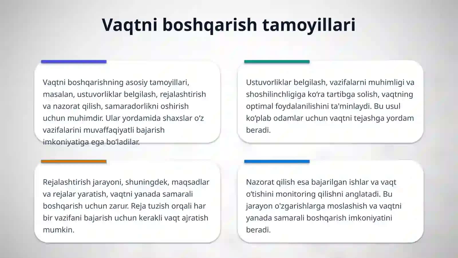 Vaqtni boshqarish (time management) ko‘nikmasi va rivojlantirish yo‘llari. 4