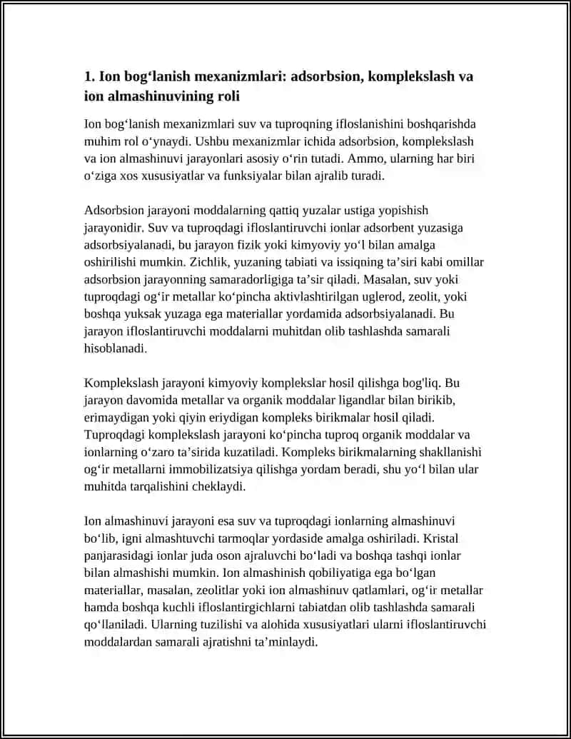 Tuproq va suvning Ifloslanishida Ion Bog'lanishni Aniqlovchi Referat 4