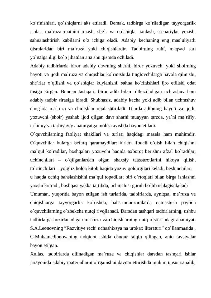 Darsdan tashqari ishlar jarayonida o`zbek adabiyoti materiallarini o`rganish shakllari, vositalari va metodlari 4