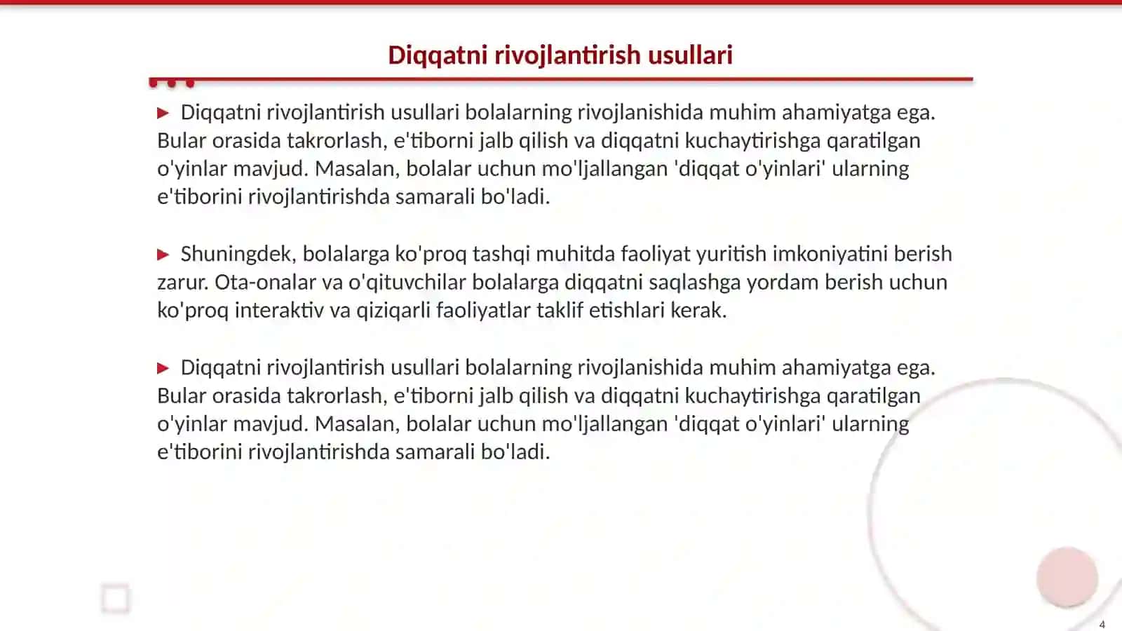 Bola diqqatini barqarorlashtirish usullari va vazifalari 4