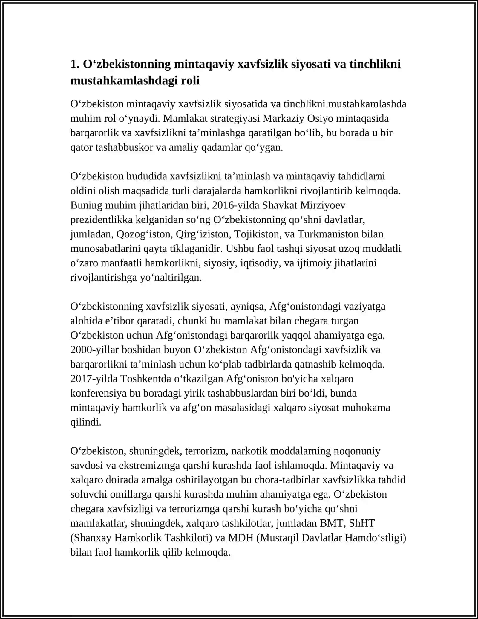 Oʻzbekistonning markaziy Osiyoda tinchlik va barqarorlikni ta'minlashdagi o'rni 4