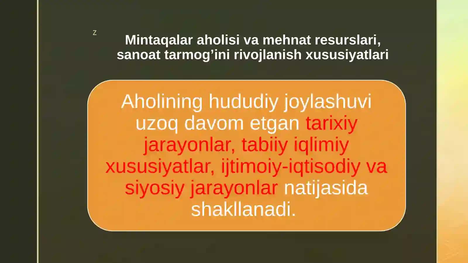 2-mavzu.Mintаqаlаrаhоlisivаmеhnаtrеsurslаrisаnоаttаrmоg’inirivоjlаnishxususiyatlаri;Qishlоqxo’jаligininghududiyixtisоslаshuvi;Trаnsportvааxbоrоtkоmmunikаtsiyainfrаtuzilmаsiningmintаqаviyrivojlаnishxususiyatlari 4