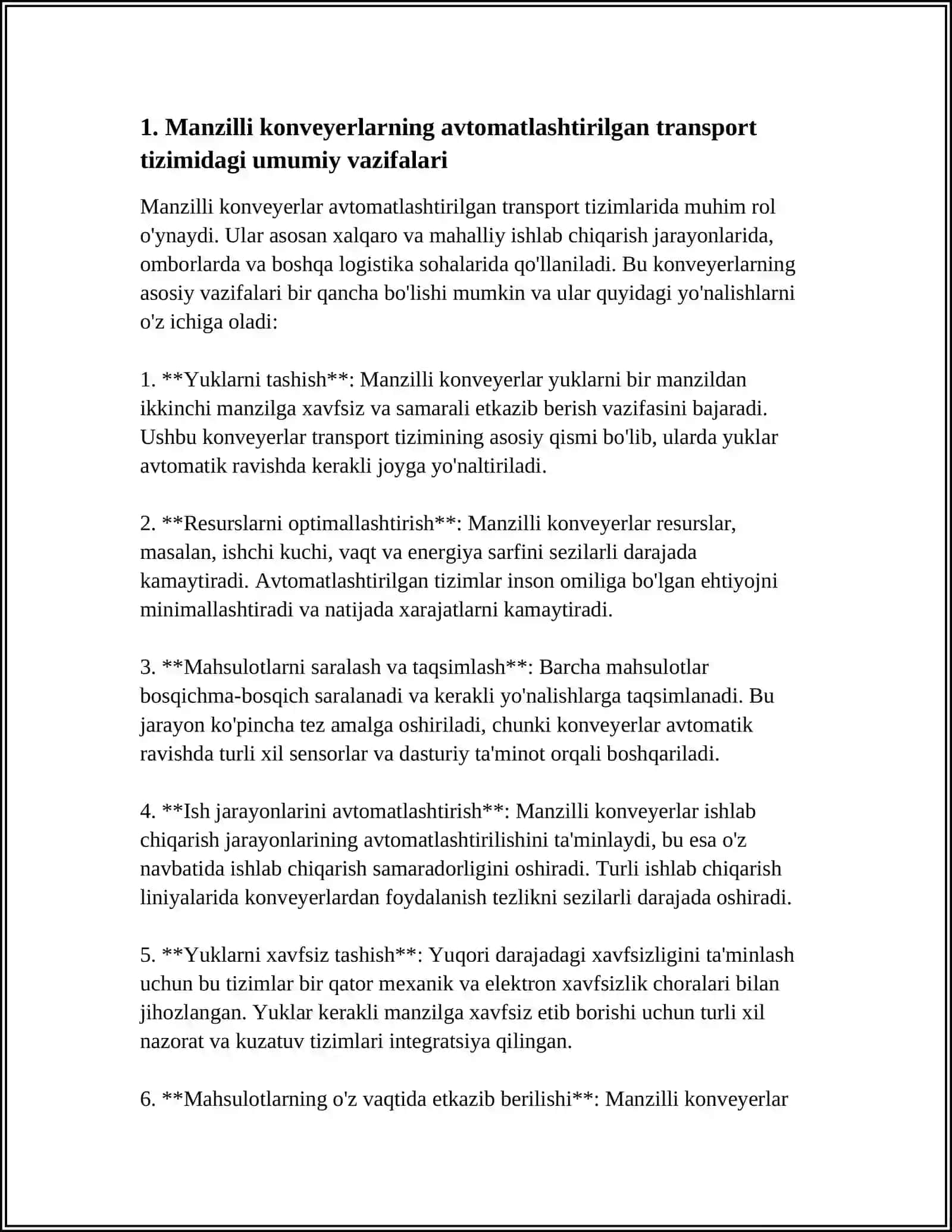 AVTOMATLASHTIRILGAN TRANSPORT TIZIMLARIDA MANZILLI KONVEYERLARNING ROLI 4