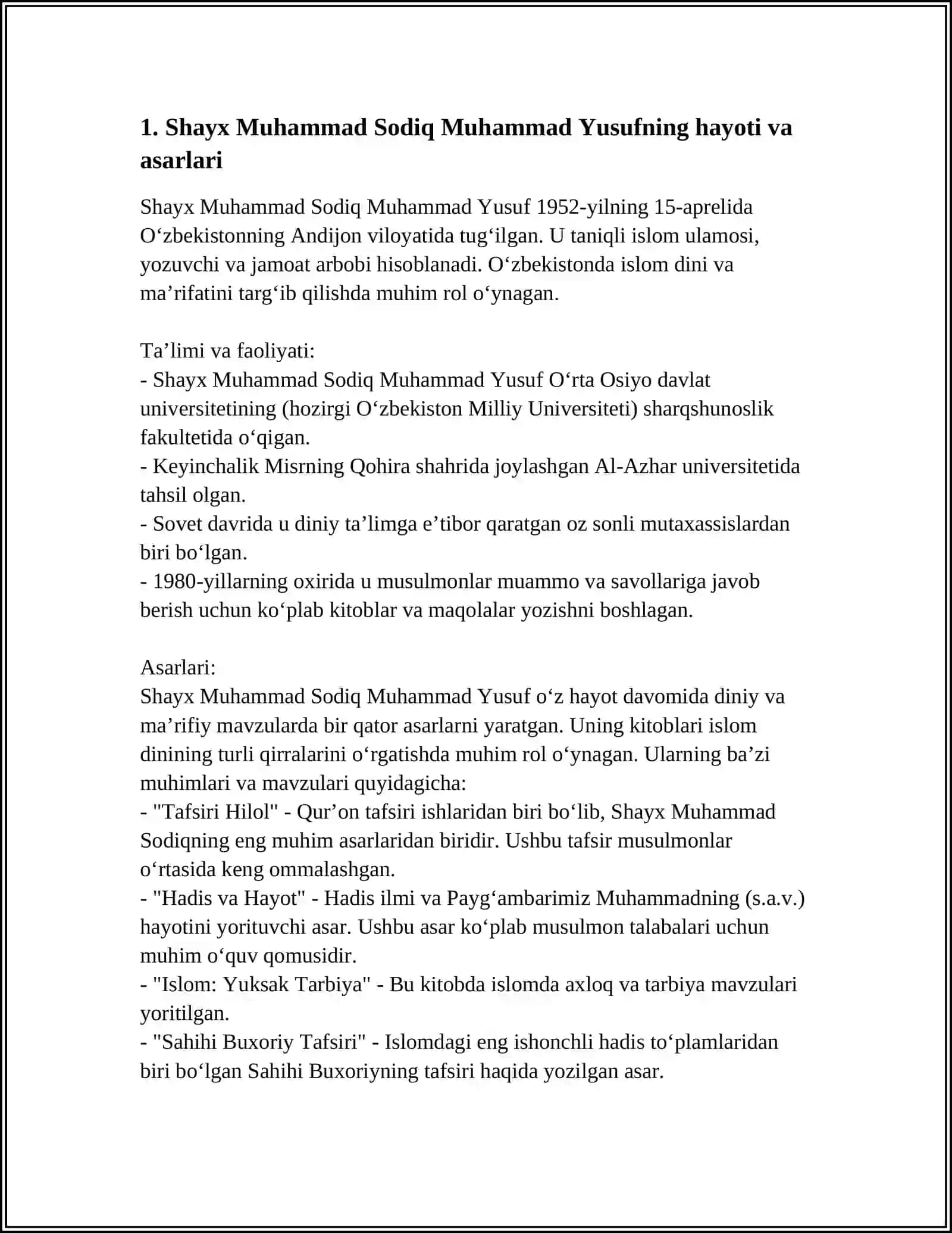 SHAYX MUHAMMAD SODIQ MUHAMMAD YUSUFNING "BAXTIYOR OILA" ASARIDA ISLOM QADRIYATLARINING TALQINI MAVZUSIDA TAQDIMOT TAYYORLASH 4