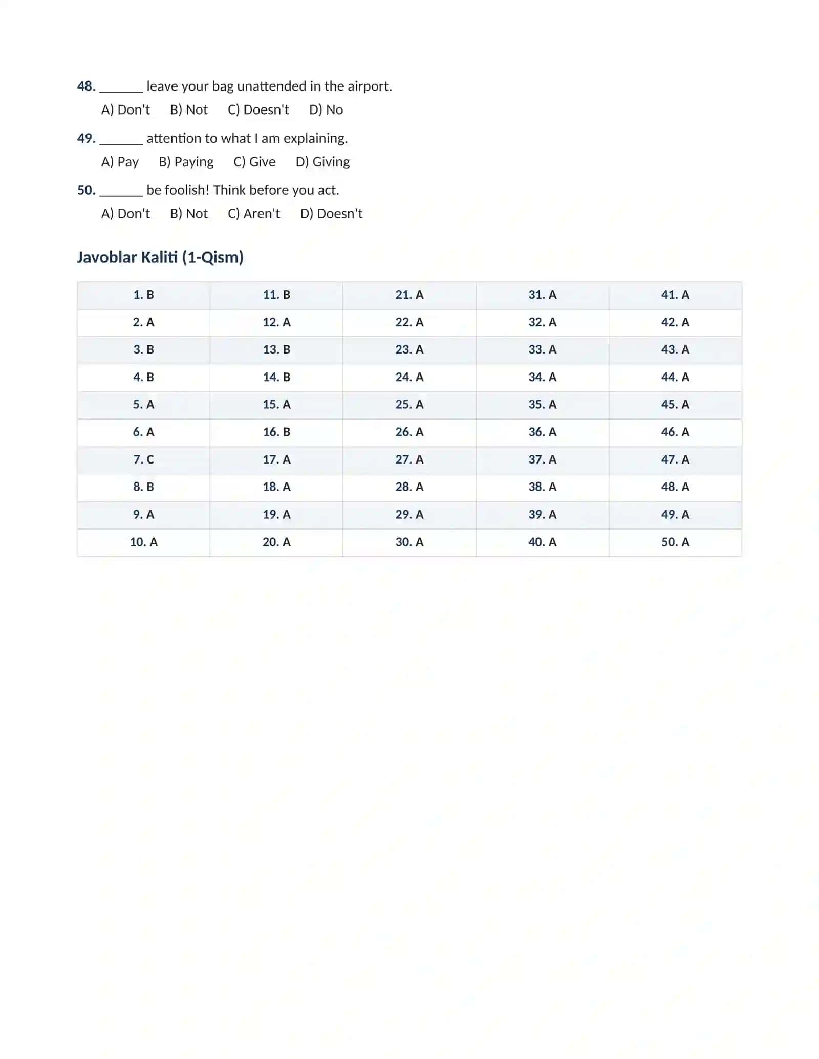 INGLIZ TILI GRAMMATIKASI: IMPERATIVES (BUYRUQ GAPLAR) 100 TALIK TEST JAVOBLARI BILAN 4