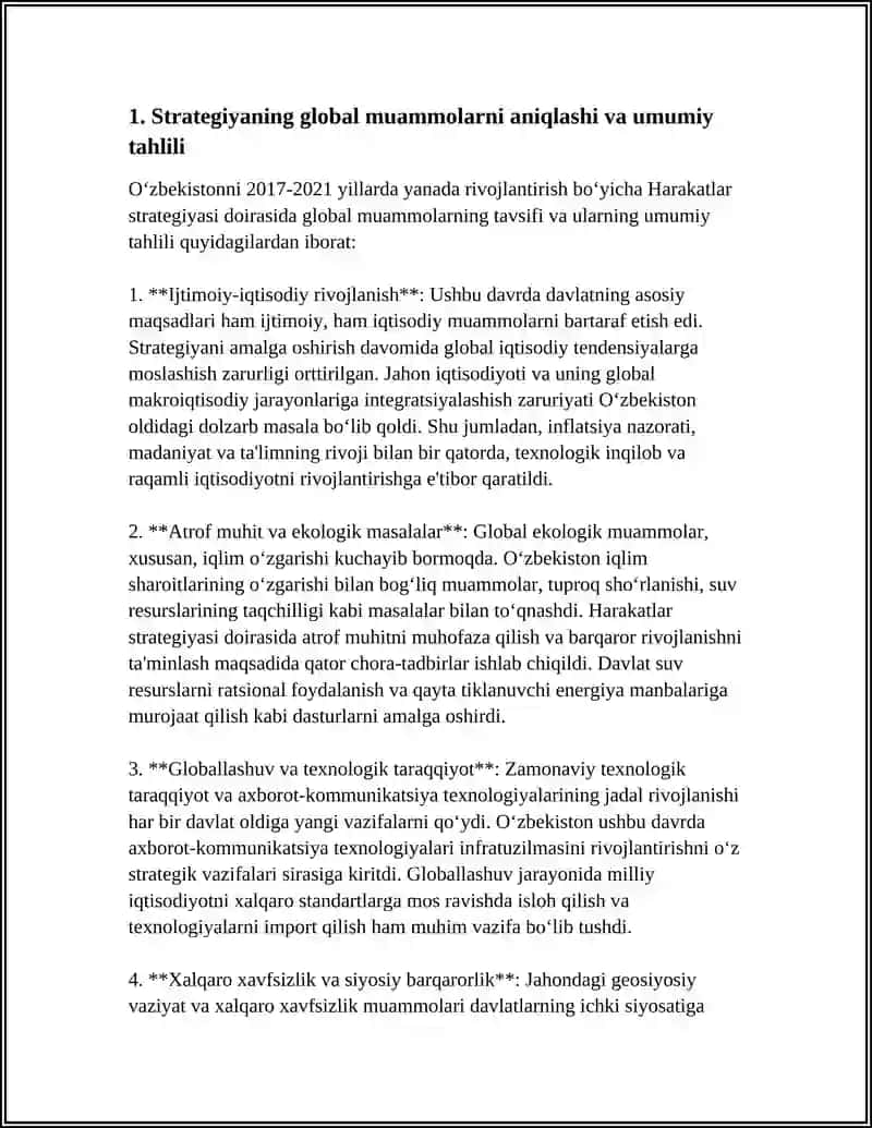 Referat: 2017-2021 YILLARDAGI O’ZBEKISTONNI YANADA RIVOJLANTIRISH BO’YICHA XARAKATLAR STRATEGIYASIDA GLOBAL MUAMMOLARNING TAVSIFI 4