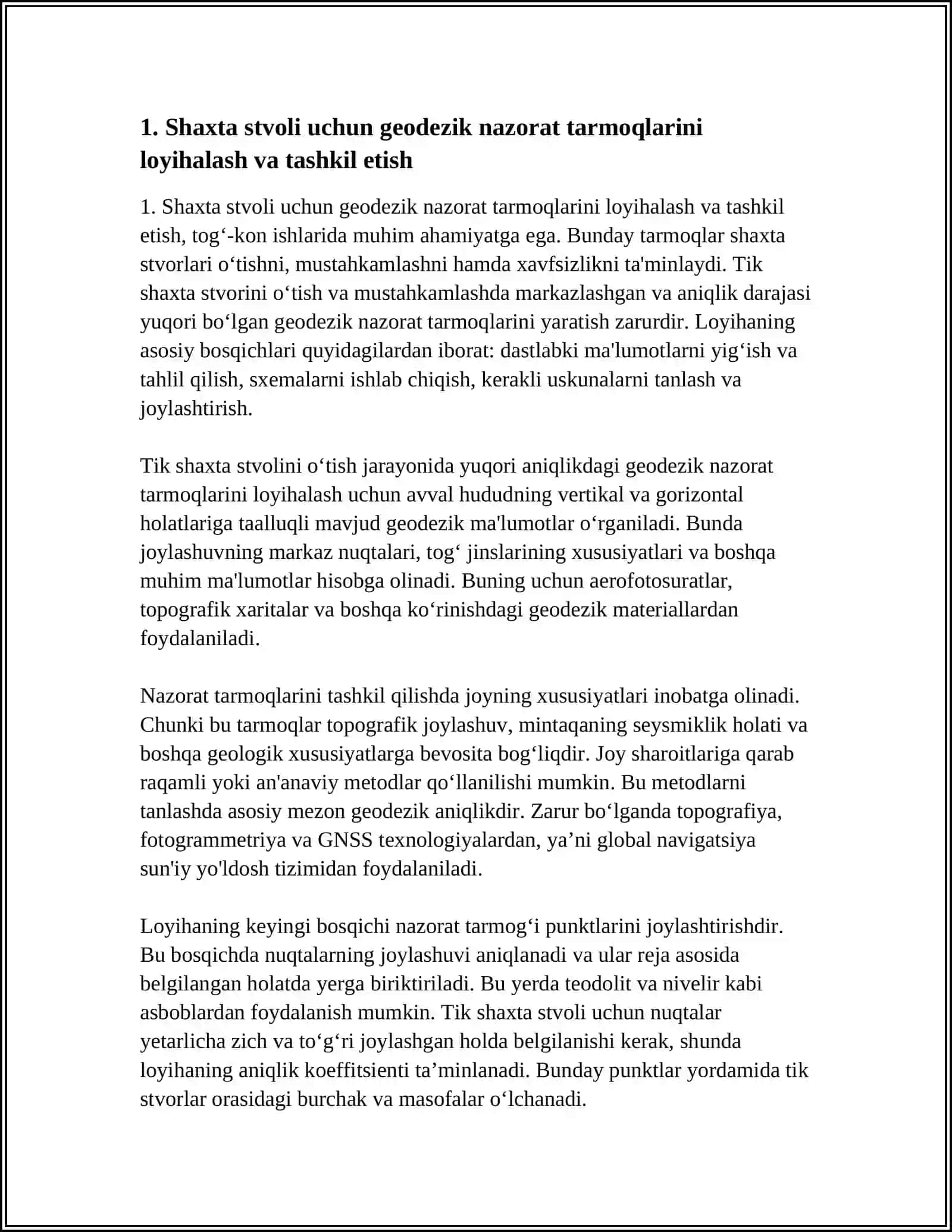 TIK SHAXTA STVOLINI O'TISH VA MUSTAHKAMLASHDA MARKSHEYDERLIK ISHLARI 4