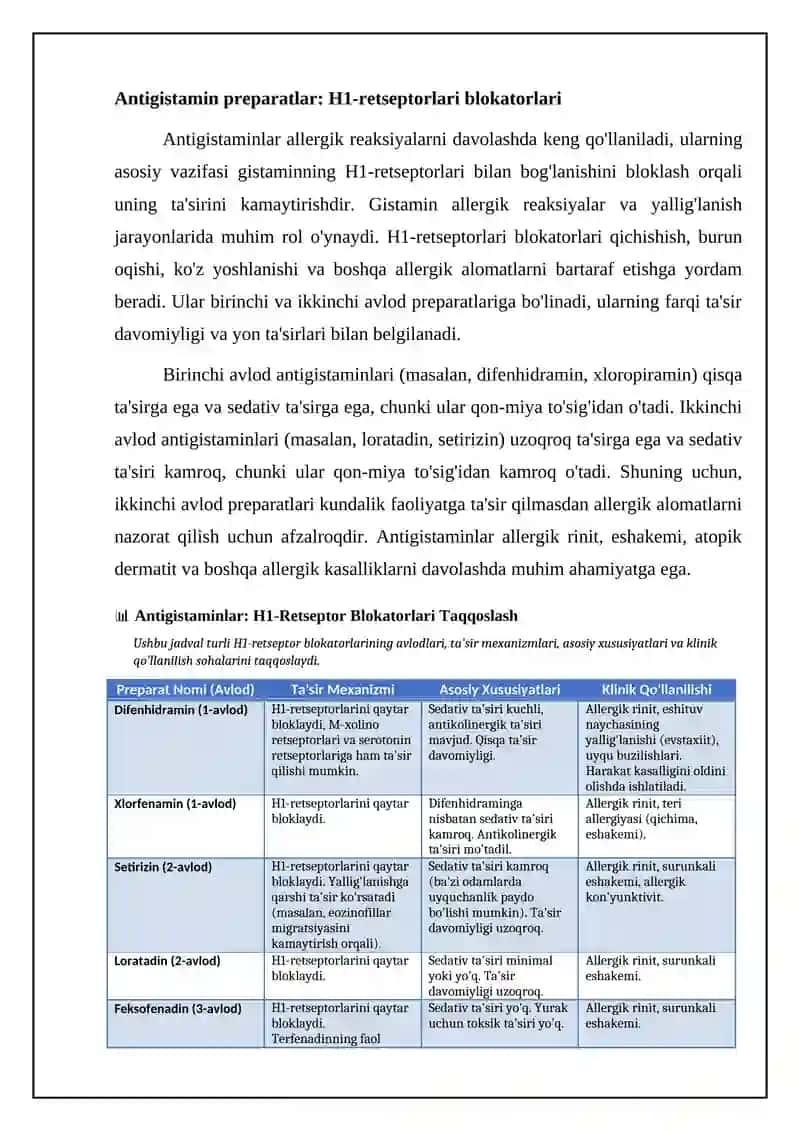 Allergiyaga qarshi vositalar: Turlari, ta'sir mexanizmlari va qo'llanilishi 4