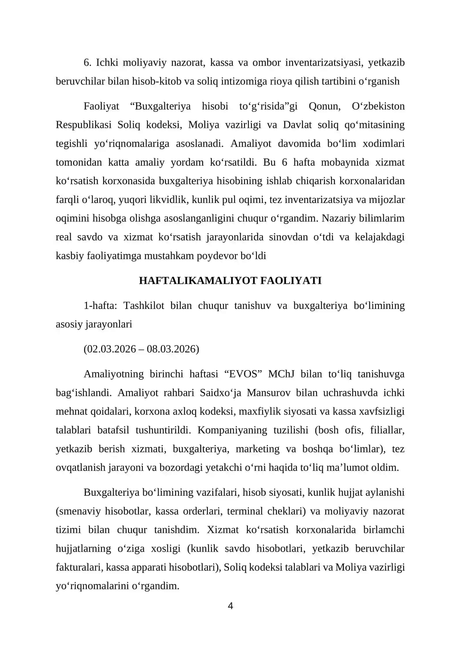 EVOS. BUXGALTERIYA BOLIMIDA. Bitiruv Malakaviy Amaliyot Hisoboti 4