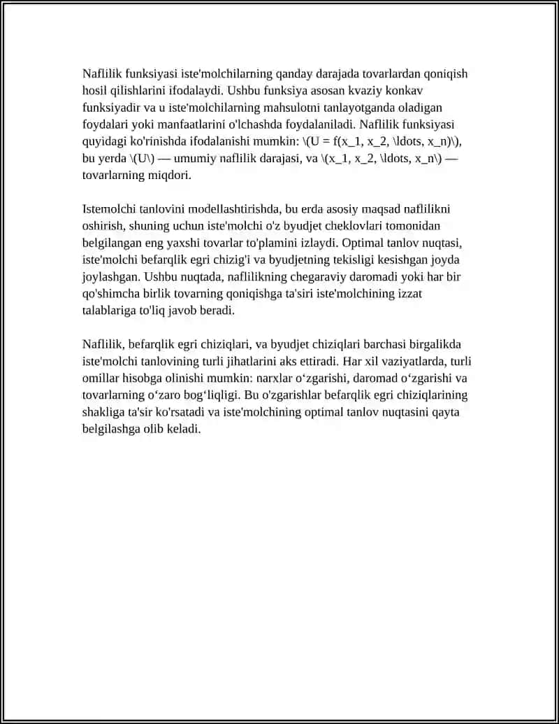 ISTEMOLCHI TANLOVI: BYUDJET CHEKLANGANLIGI, NAFLILIK FUNKSIYASI, BEFARQLIK EGRI CHIZIGLARI 4