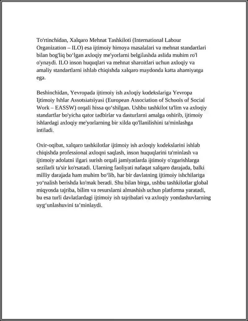 Xalqaro tashkilotlarning ijtimoiy ish axloqiy kodekslarini tuzish va tasdiqlashda xalqaro birlashmalarning roli 4
