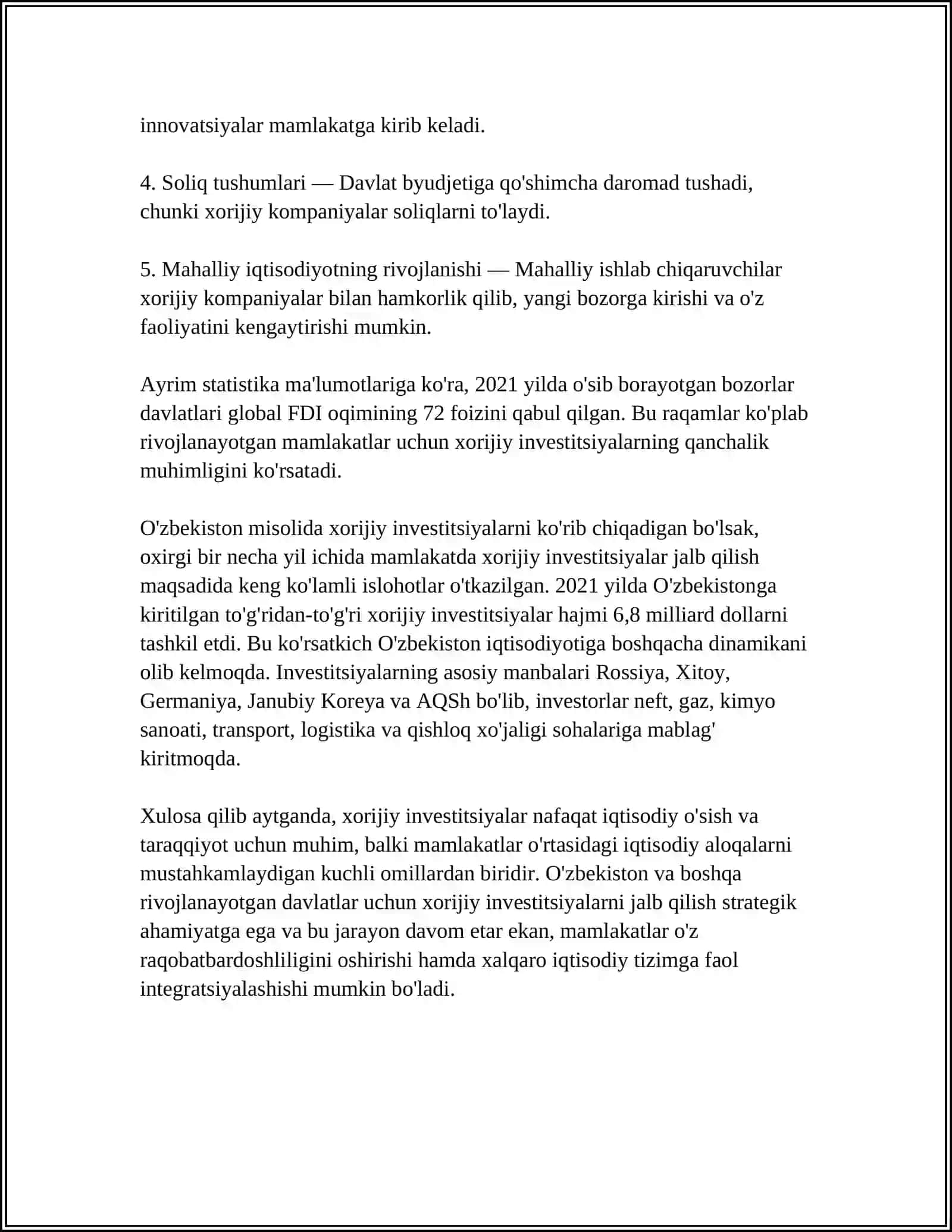 XORIJIY INVESTITSIYALAR HAQIDA TUSHUNCHA VA UNING MOHIYATI 4