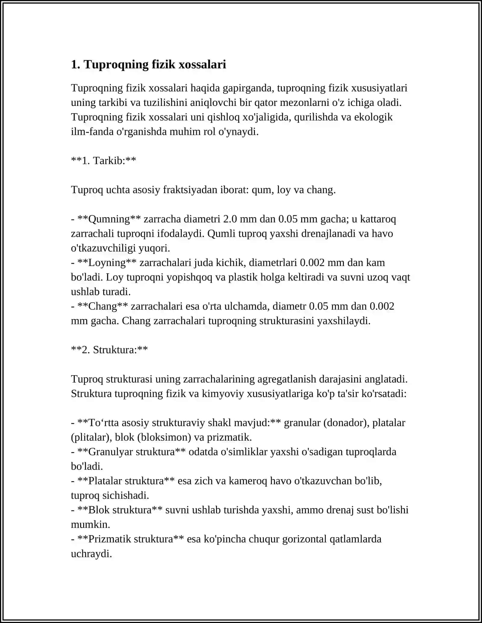 Tuproqning UMUMIY FIZIK XOSSALARI.TUPROQ STRUKTURASI 4