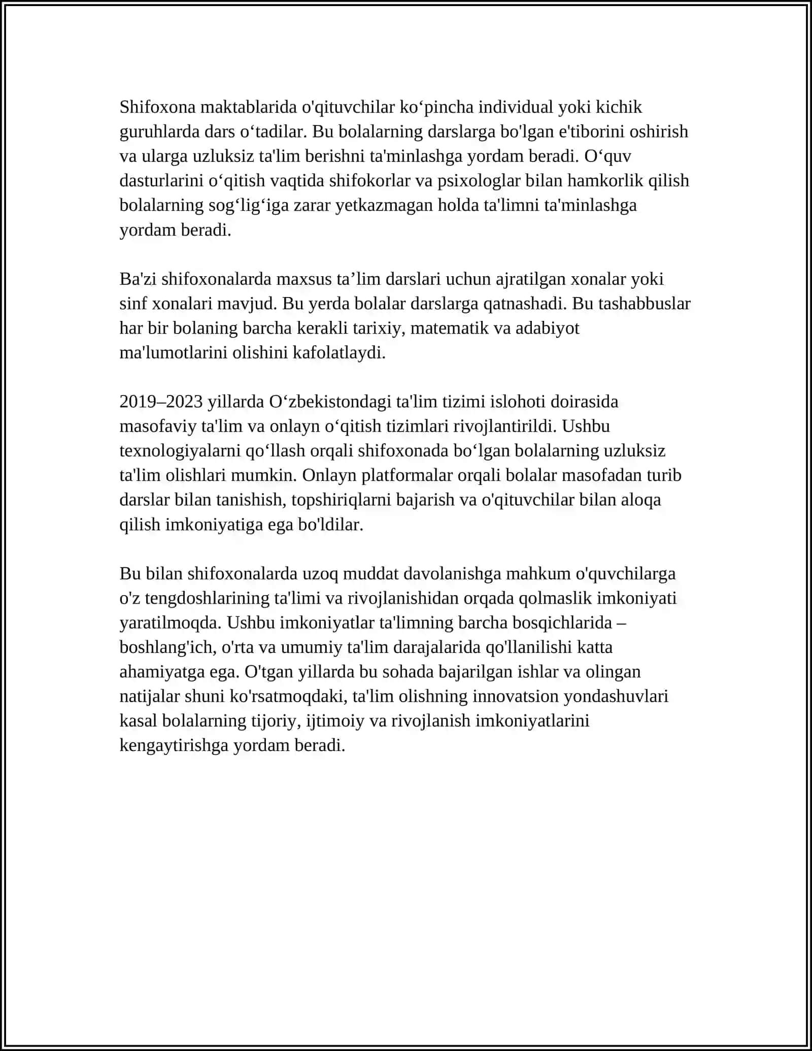 SHIFIXONALARDA UZOQ DAVOLANUVCHI MAKTAB O'QUVCHILARNI TA'LIMI YANGI TA'LIMIY AMALIYOT SIFATIDA 4