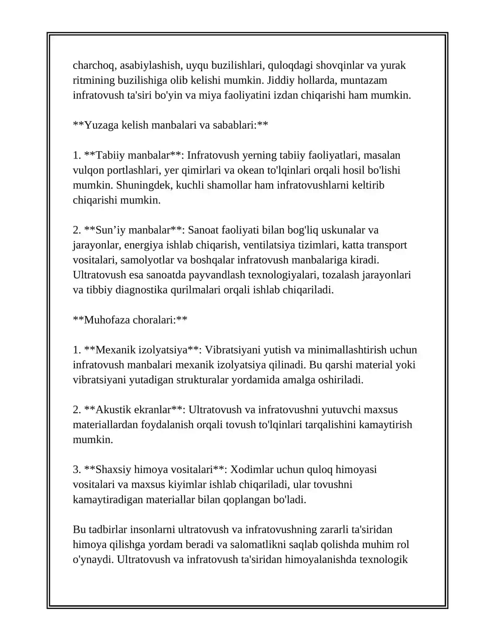 HAYOT FAOLIYATI HAFSIZLIGIDA ULTRA VA INFRATOVUSHLARNING INSON ORGANIZMIGA ZARARLI TA’SIRI. YUZAGA KELISH MANBALARI VA SABABLARI. MUHOFAZALASH VOSITALARI 4