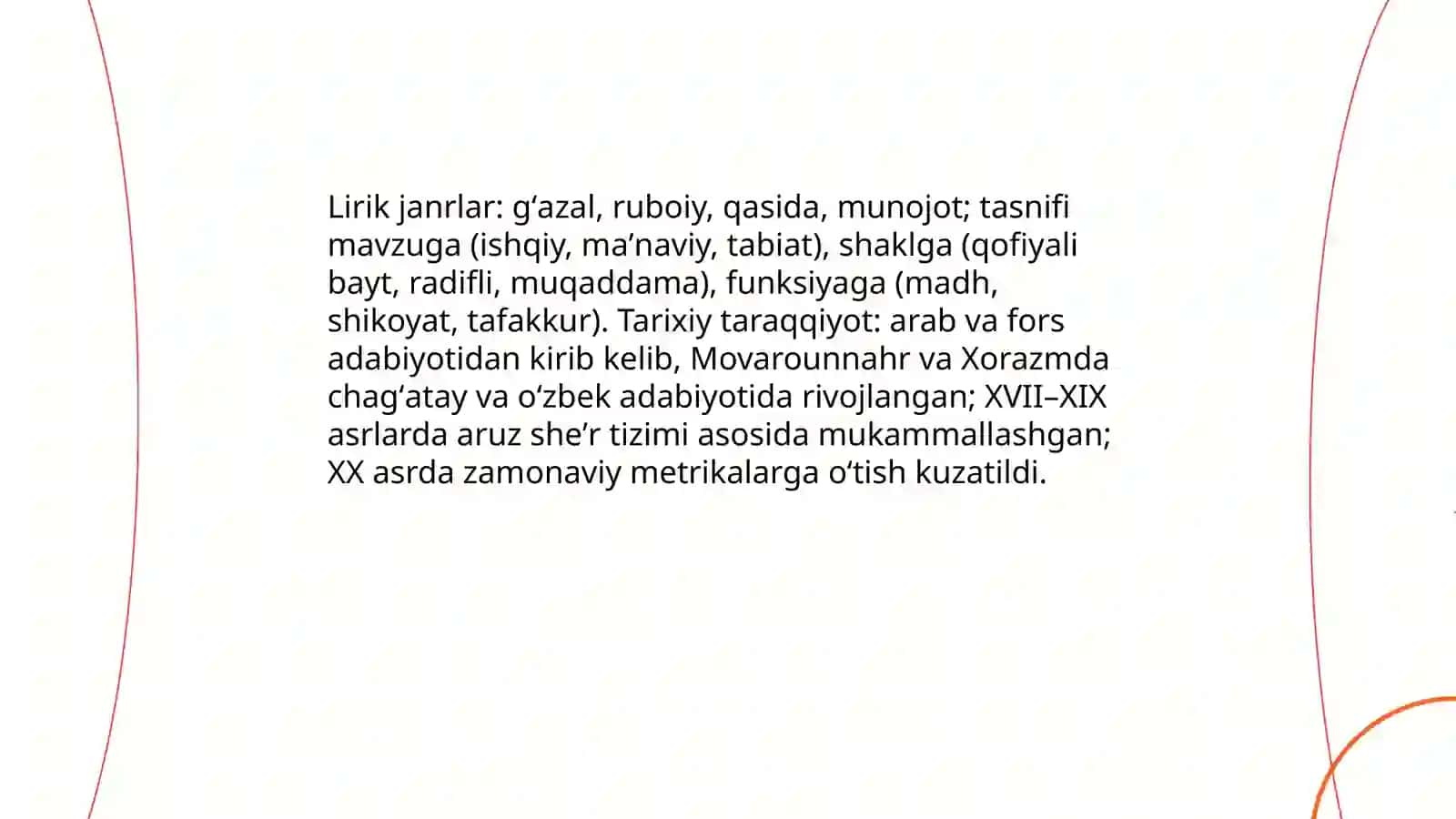 Lirik tur va uning janrlari. Aruz sheʼr tizimi 4