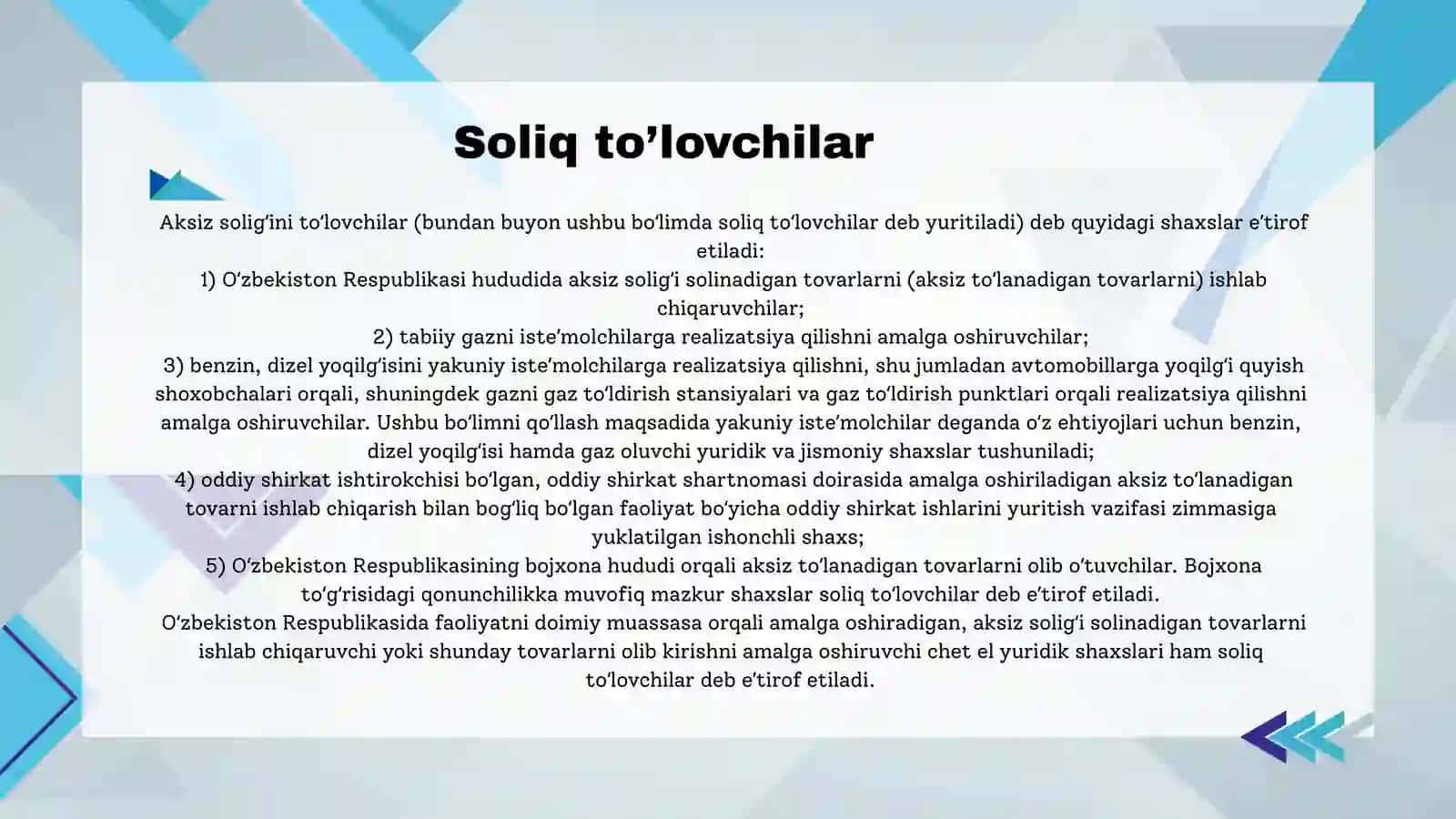 Aksiz solig‘i, uning soliq to‘lovchilari, soliq bazasi, soliq stavkalari va soliq davri 4