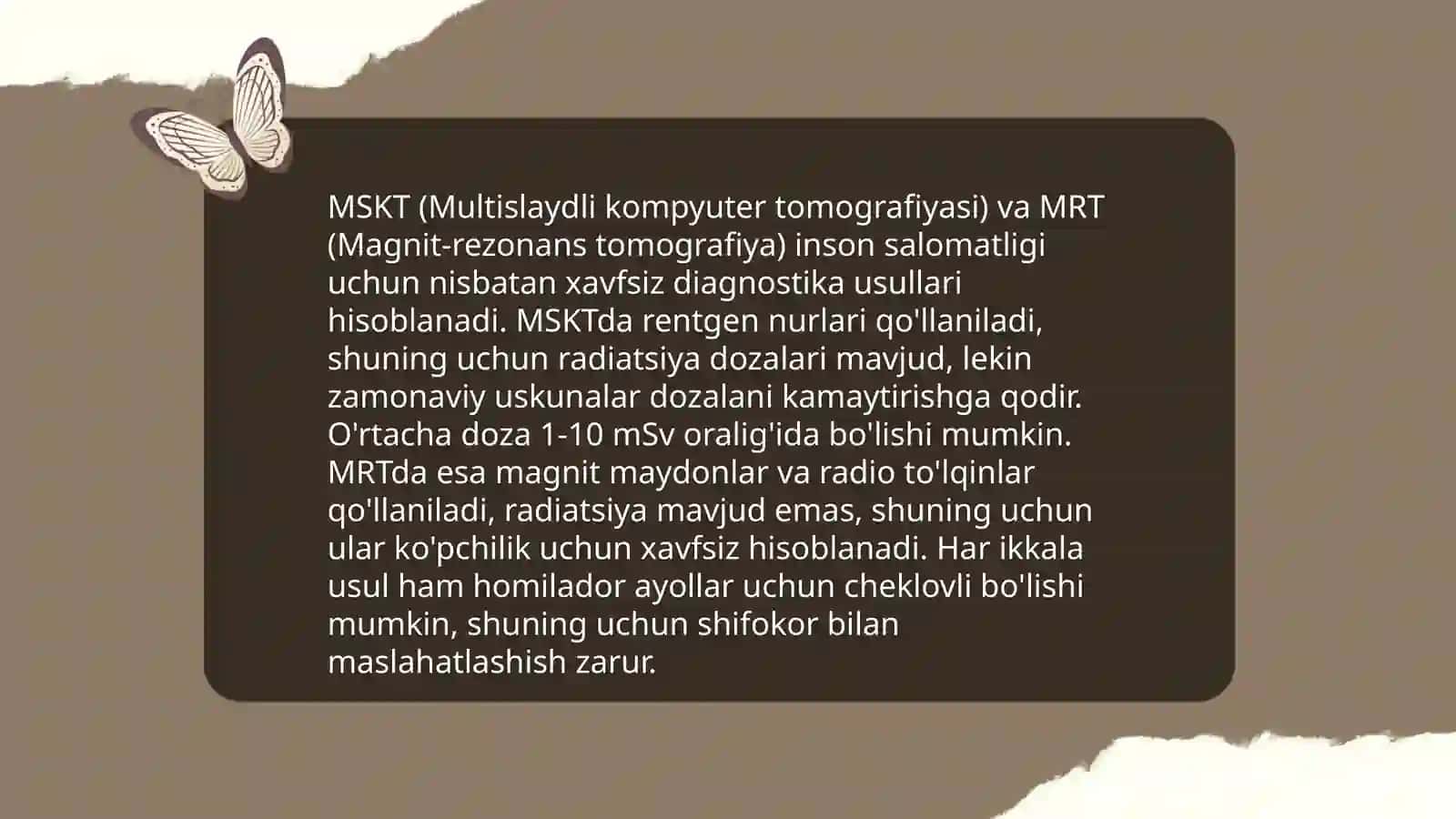 MSKT va MRT xonalarida INMlarda fiydalanilgan dozimetrik nazorati. Diagnistika bólimlarida IMNlarda foydalanilganda xodimlar va bemorlarni himoyalash 4