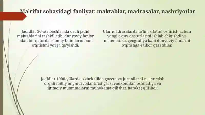 Jadid ma'rifatparvarlarining o'lka ijtimoiy-ma'naviy hayotida tutgan o'rni 4