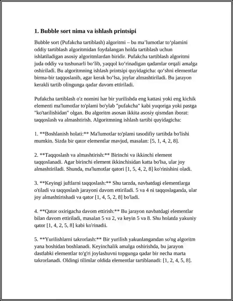 SARALASH ALGORITMLARINING TURLARI VA ULARNI KODDA AMALGA OSHIRISH (BUBBLE, SELECTION, INSERTION) 4