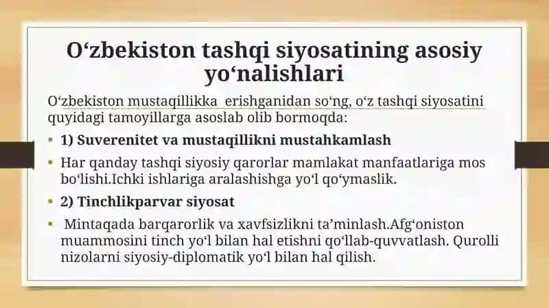 O’zbekiston Respublikasi tashqi siyosatining muhim yo‘nalishlari. Oʻzbekistonning jahon hamjamiyatida tutgan oʻrni . ”Tolerantlik” tushunchasining mazmun-mohiyati va mamlakat taraqqiyotidagi ahamiyati. Millatlararo totuvlik-yurt farovonlogi garovi 4