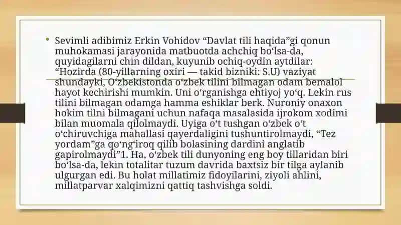 O’zbekiston respublikasining davlat tili to’g’risidagi qonuni va uning tarixiy ahamiyati 4