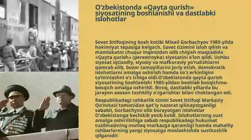 SOVET HOKIMIYATINING «QAYTA QURISH SIYOSATI» VA UNING O’ZBEKISTONDAGI YANGI SIYOSIY HAMDA MAFKURAVIY VAZIYATNING SHAKLLANISHIGA TA’SIRI 4