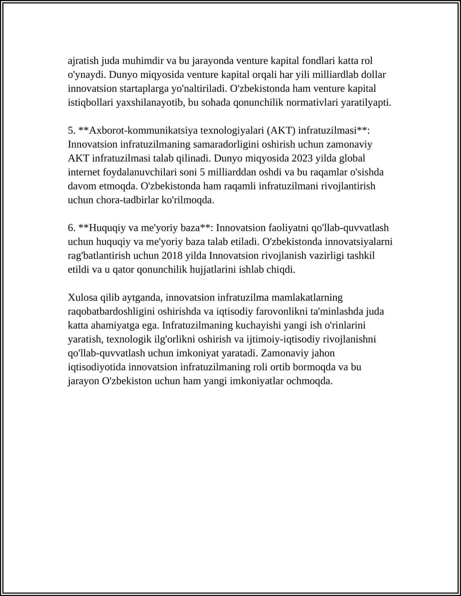 INNAVATSION INFRATUZILMA VA UNING MILLIY IQTISODIYOTDAGI O'RNI 4