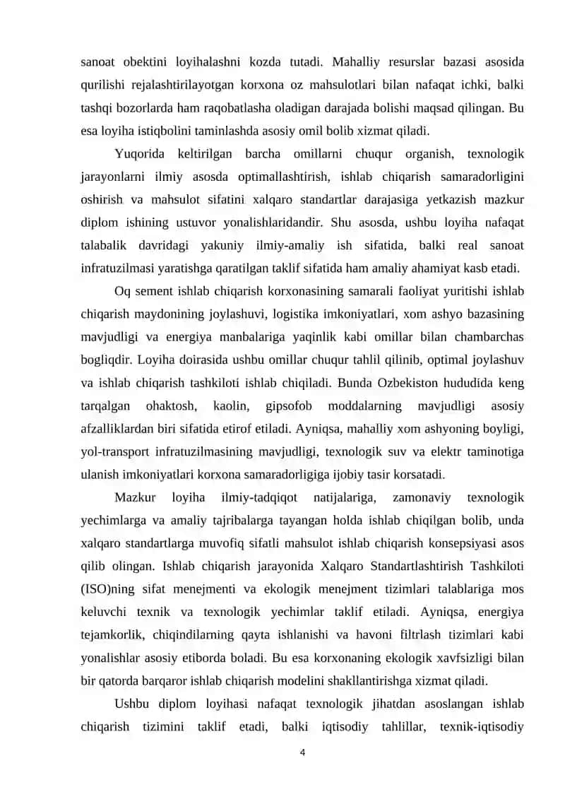 Oq sement ishlab chiqarish sexini loyihalash mahsuldorlik 425 ming tonna 4