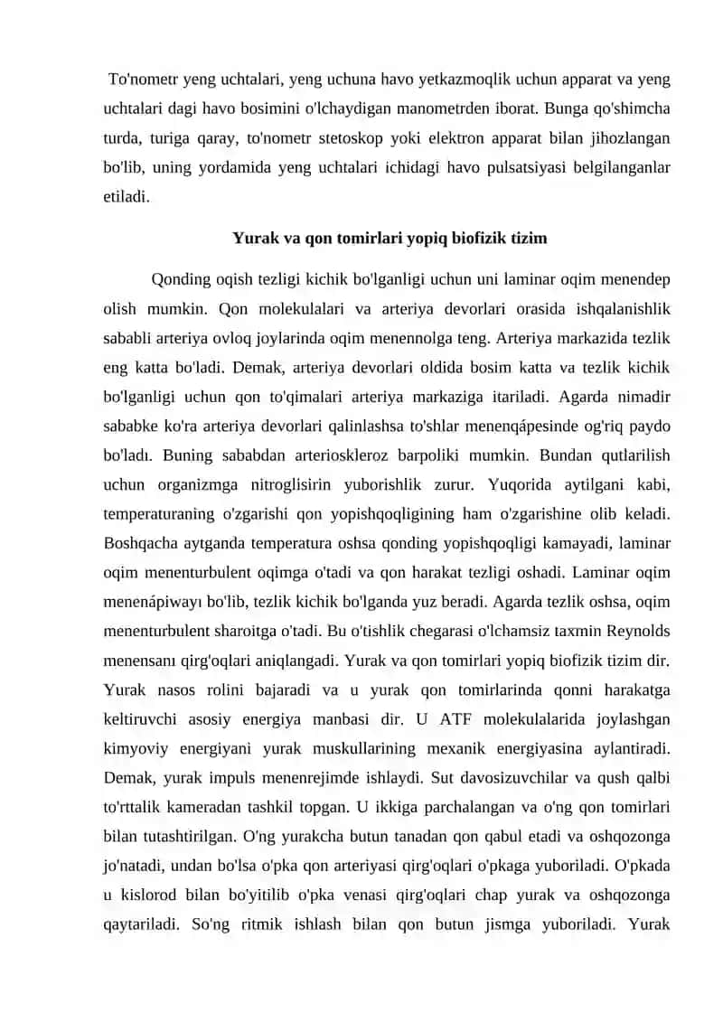 Suyuq biomateriallar xossalari, yurak va qon tomirlari yopiq biofizika tizimsi 4