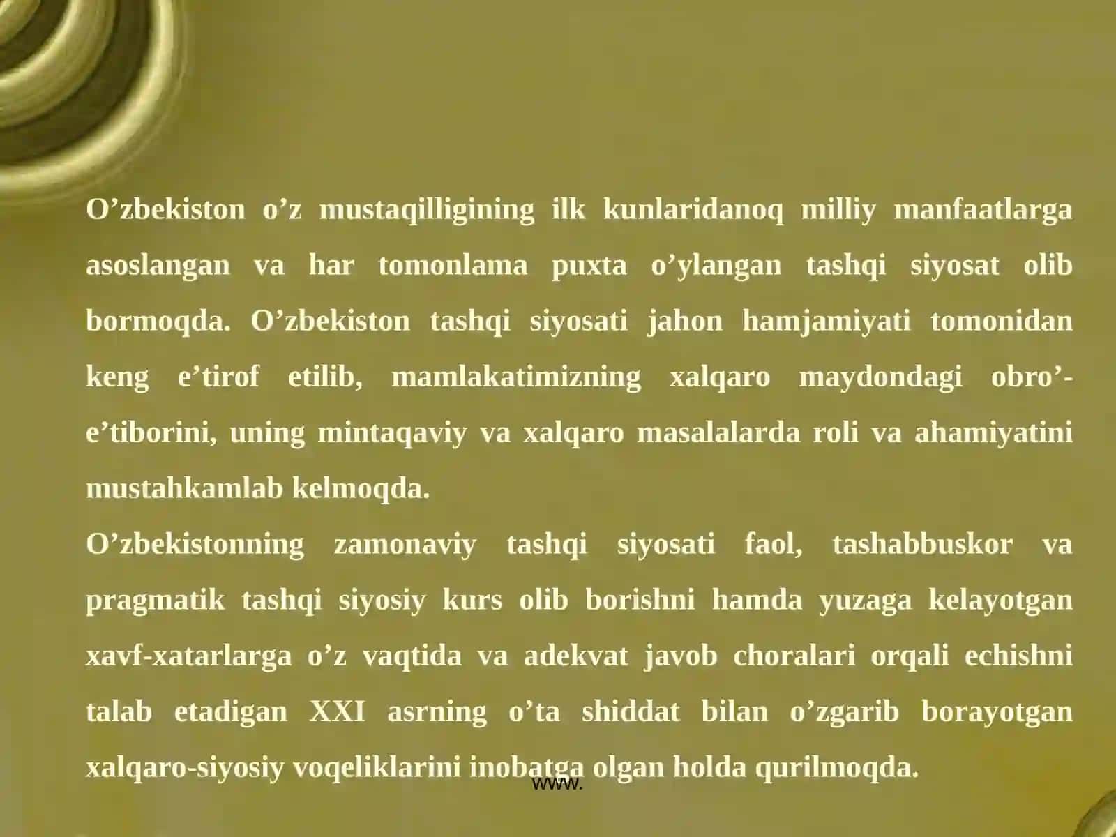 O’ZBEKISTON RESPUBLIKASI TASHQI SIYOSATINING MAQSAD VA VAZIFALARI 4