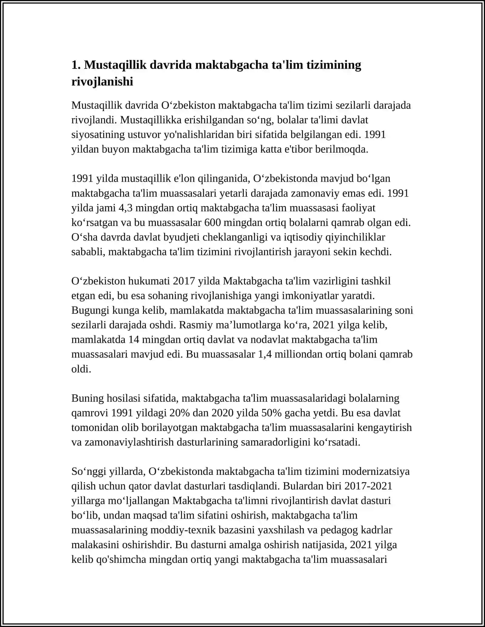 MAKTABGACHA TALIM TARIXI. MUSTAQILLIL YILLARIDA MAKTABGACHA TALIM TIZIMIGA YANGICHA YONDOSHUV 4