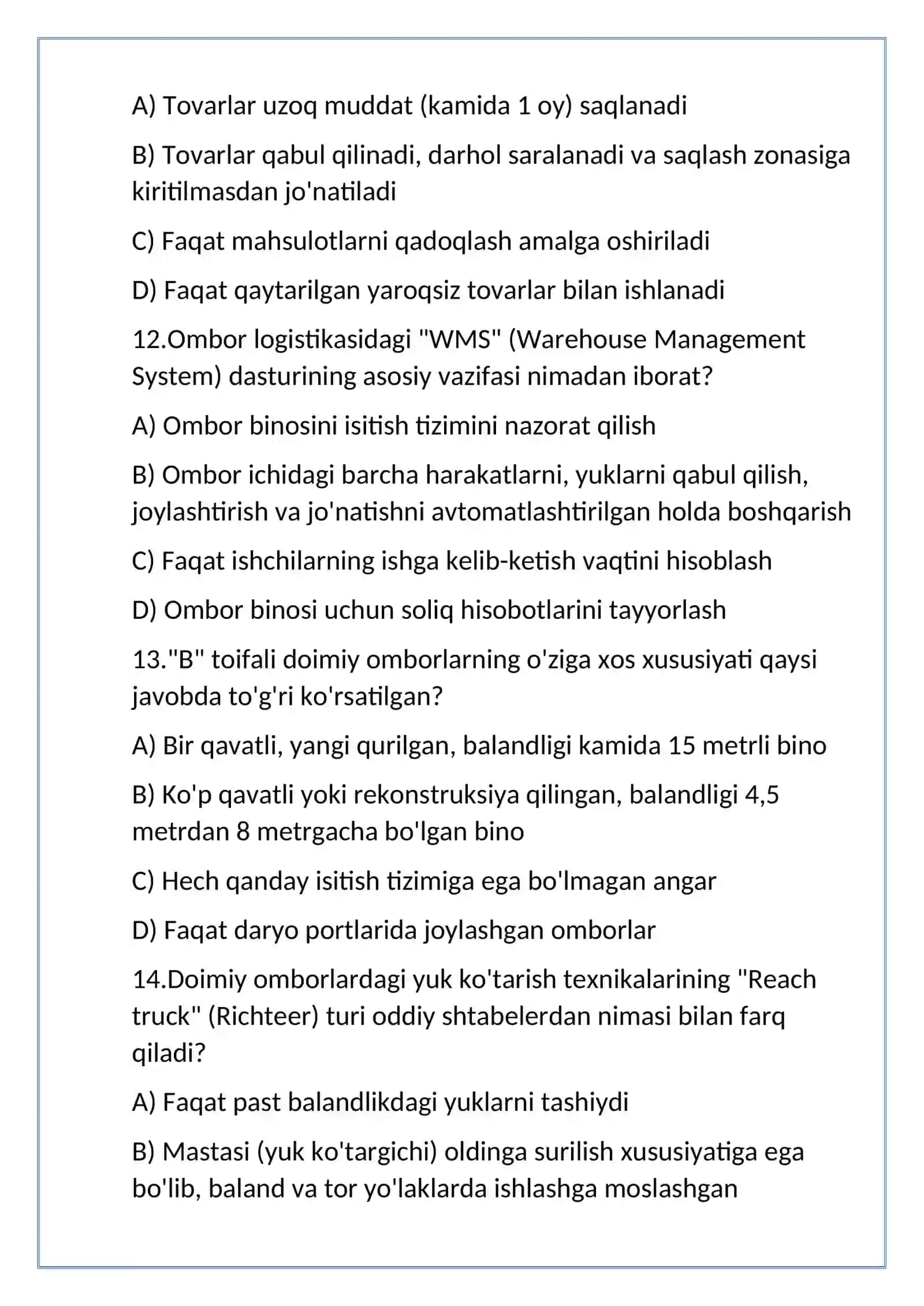 doimiy ombor turlari test 50 ta 4