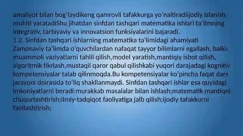 Matematika fanidan va maktabdan tashqari ishlarni tashkil qilish 4